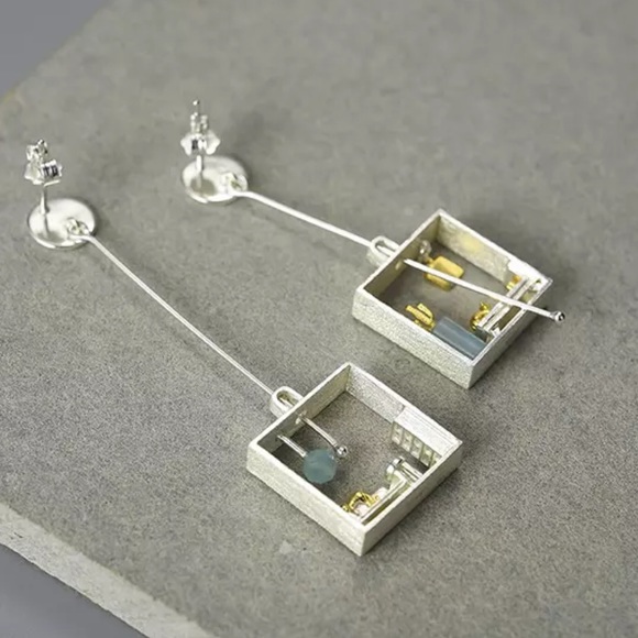 🎁 Artisan Handmade 925 Silver The Zechary Amazonite Shadow Box Earrings - Picture 5 of 9